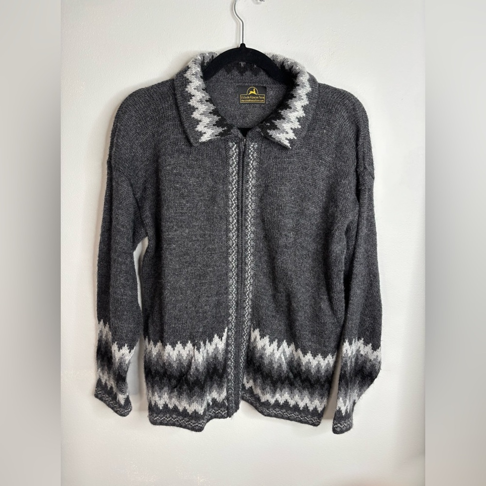 Villa De Alpaca wool cardigan zip sweater large x large  gray black fair isle